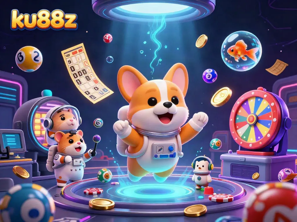 Engage with exciting games at ku88z casino featuring vibrant floating elements in a lively scene.