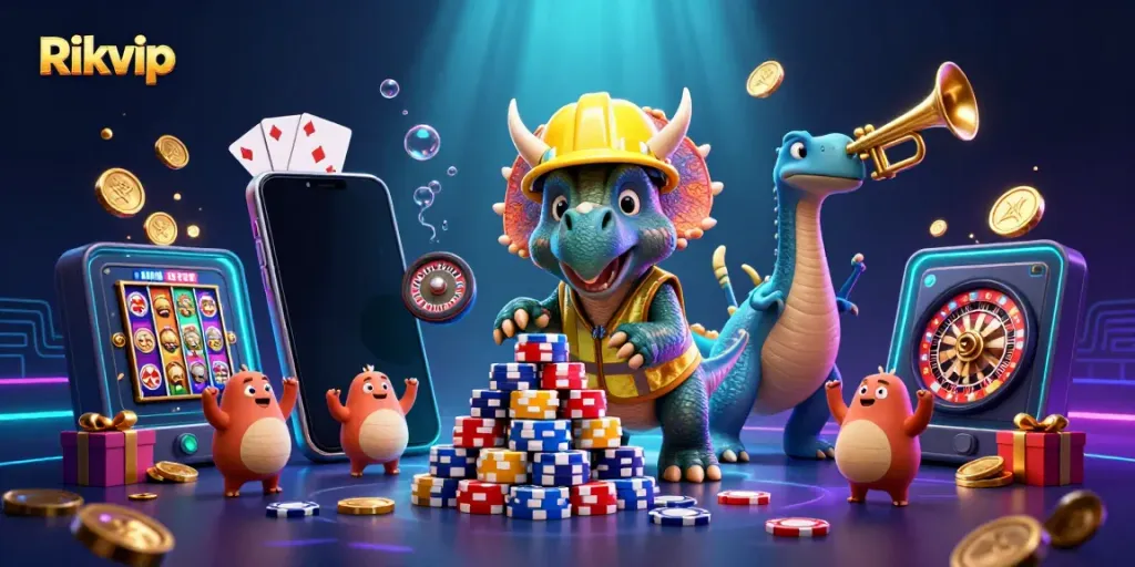 Celebrate with Rikvip as cartoon dinosaurs build poker chip pyramids in a colorful casino scene.
