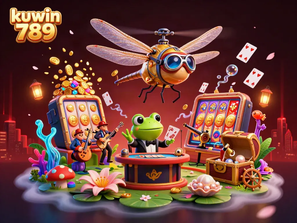 Engage with dazzling gaming action at kuwin 789, showcasing vibrant casino elements and exciting characters.