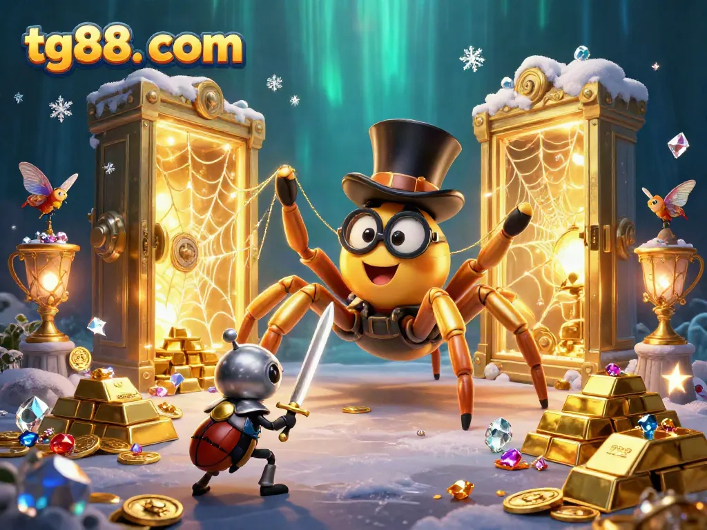 Engage with tg88. com as a golden tarantula and beetle knight embark on a whimsical casino adventure.