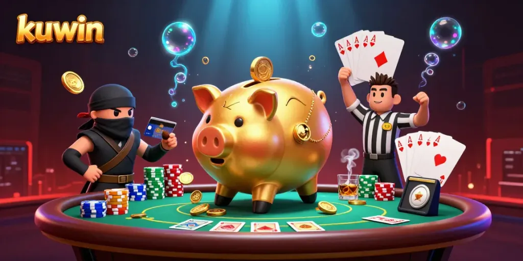 Kuwin's gaming scene featuring an epic golden sumo piggy bank surrounded by poker elements.