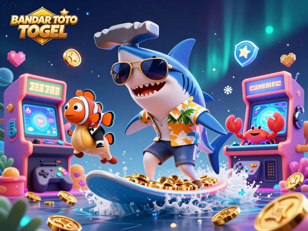 Engage with BANDAR TOTO TOGEL as a shark surfs gold coins in a vibrant casino scene.