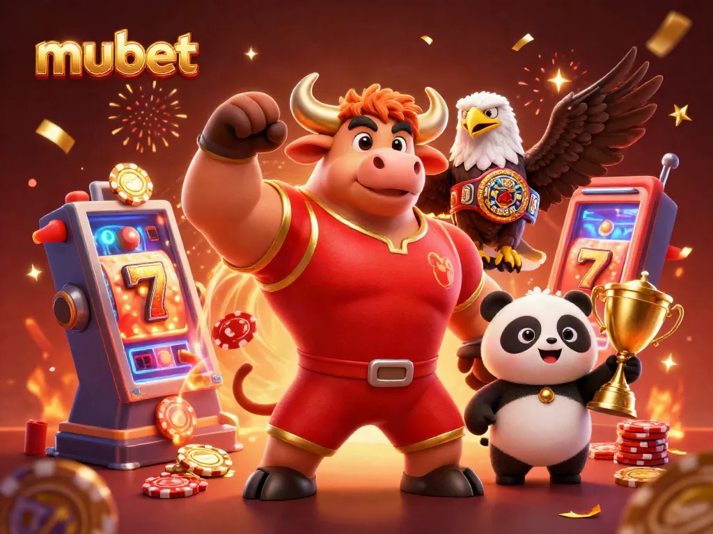 Engage with mubet and win big with a joyful bull mascot, eagle, and panda in this vibrant casino illustration.