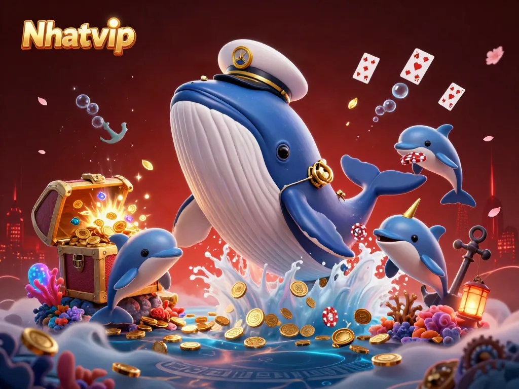 Engage with the playful scene of Nhatvip, where a whale and dolphins celebrate gambling excitement in a treasure-filled underwater world.