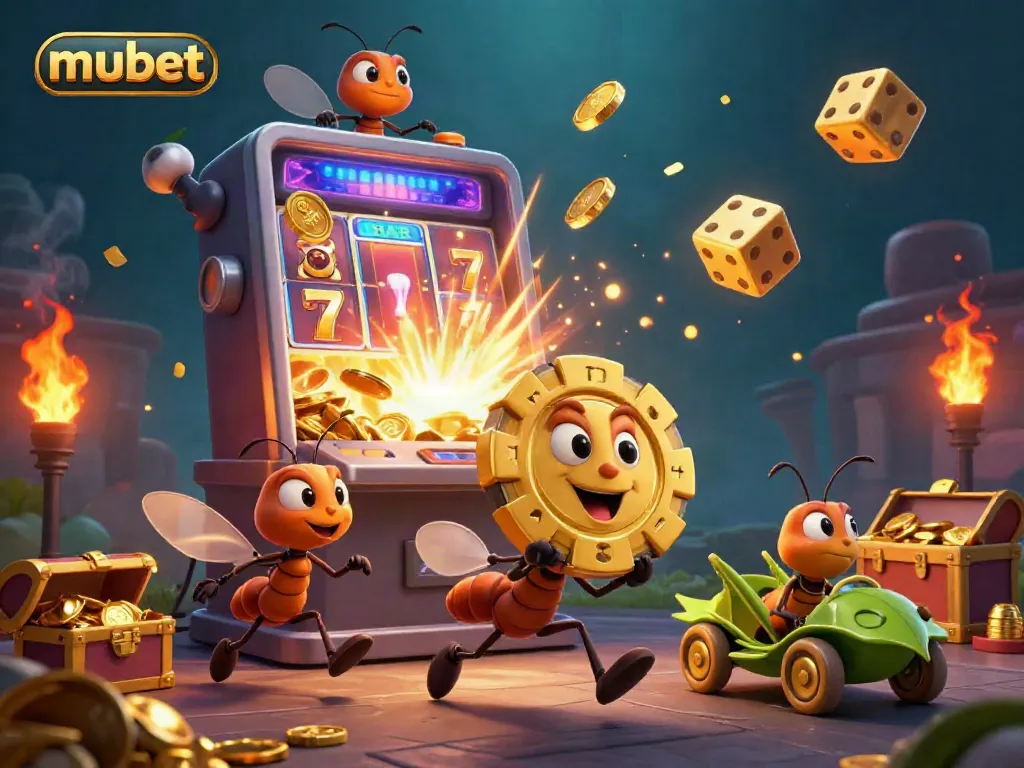 Join the mubet heist with animated ants carrying a giant poker chip amid vibrant casino elements.