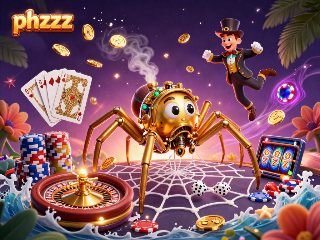 Engage with the phzzz scene of a steampunk spider weaving gold chains around dice, perfect for gamblers.