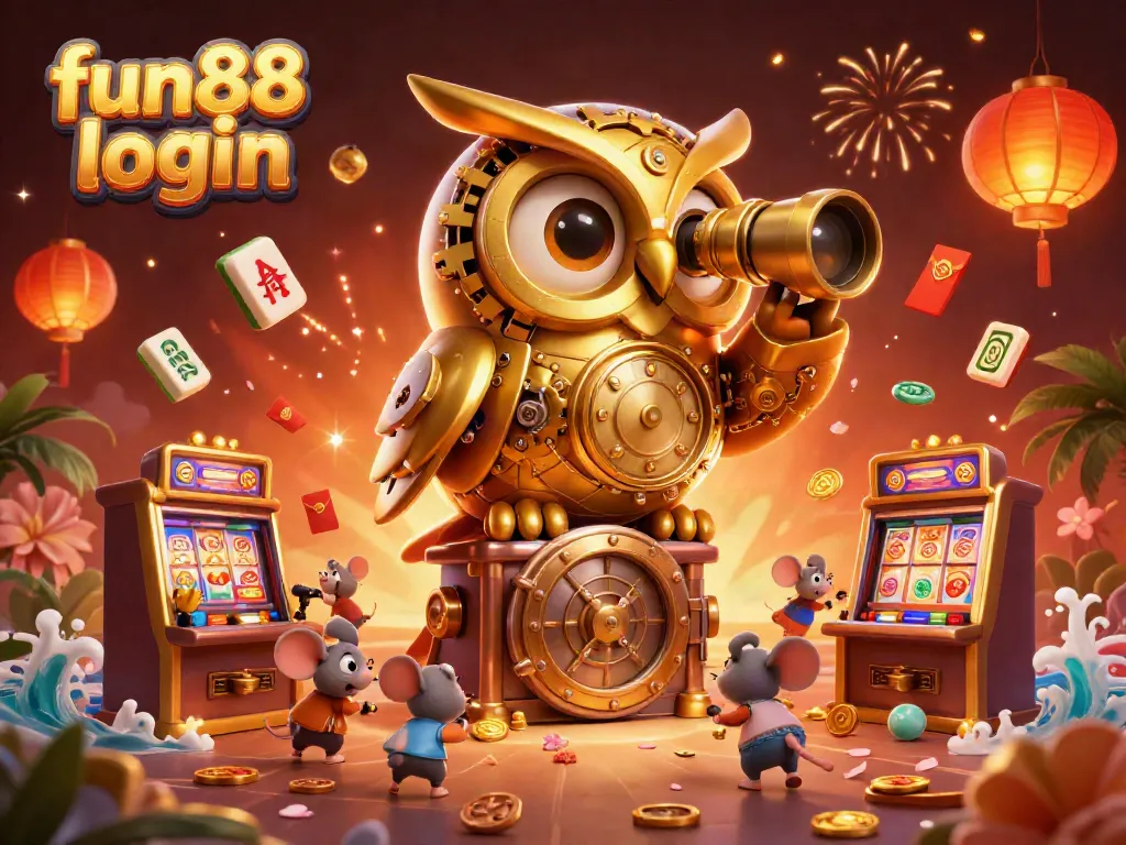 Experience thrilling fun88 login action with a dynamic 3D cartoon casino scene featuring a golden owl and wind-up mice.