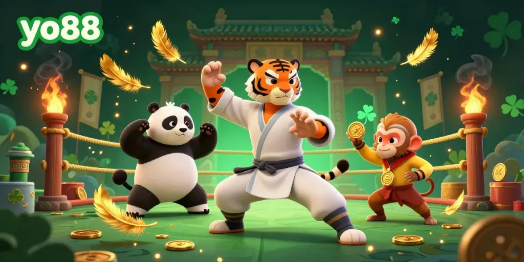 Experience the thrill of yo88 in an action-packed 3D casino scene with kung fu characters.