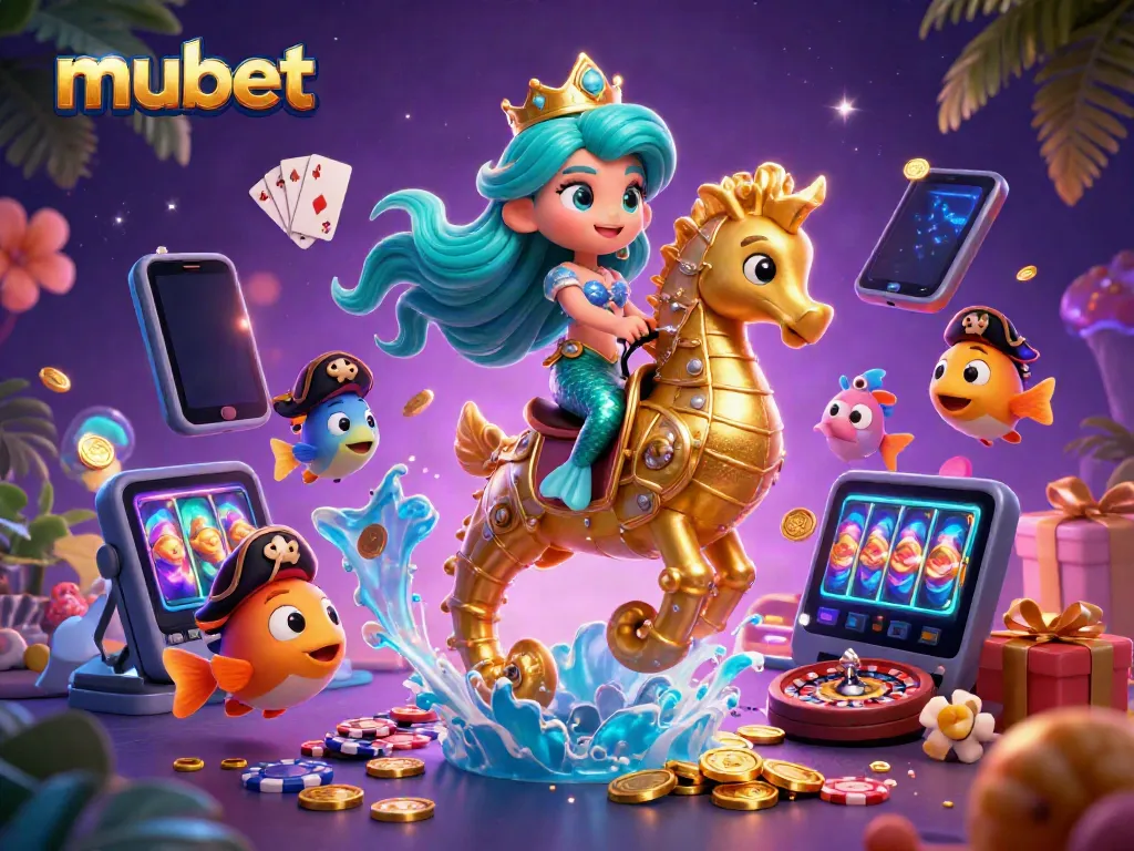 Mubet showcases a mermaid princess and seahorse surrounded by gambling items like slot games and coins.