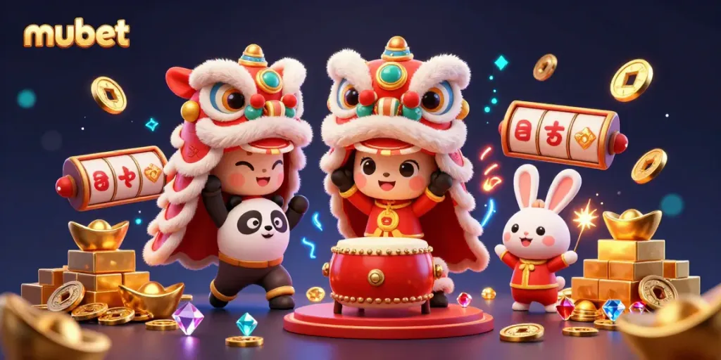 Experience the thrill of mubet with vibrant characters in a festive casino scene filled with treasures.