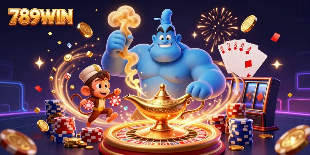 Engage with exciting gaming adventures at 789WIN, showcasing vibrant genies and dynamic casino elements.