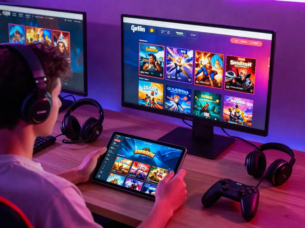 A80 online gaming experience with a player engaging on a tablet amidst vibrant game graphics and accessories.