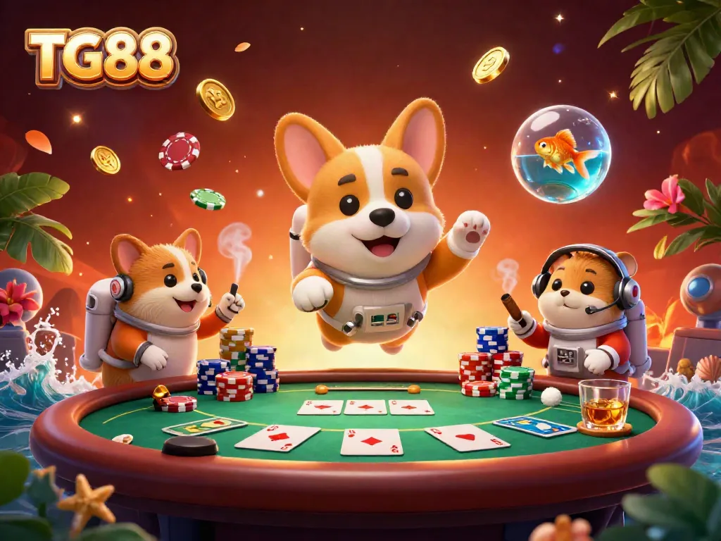 Experience the thrill of TG88 casino games with cartoon characters enjoying poker in space.
