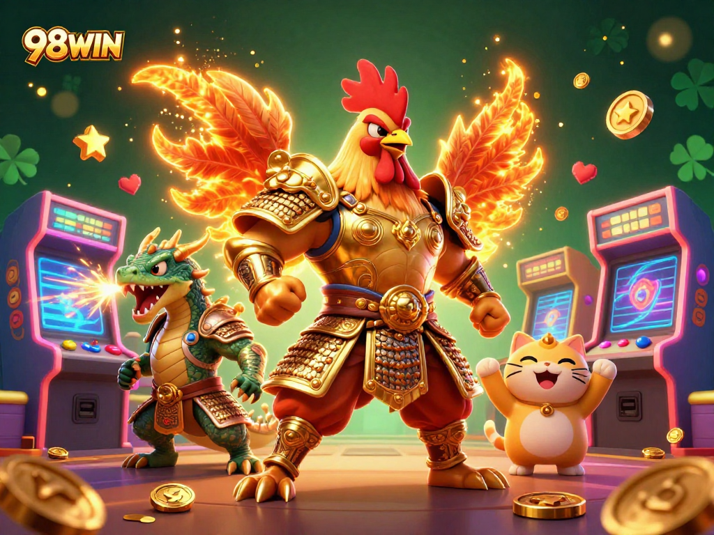 Experience thrilling action at 98WIN with combat between a powerful rooster warrior and a fierce dragon hatchling in a vibrant casino setting.