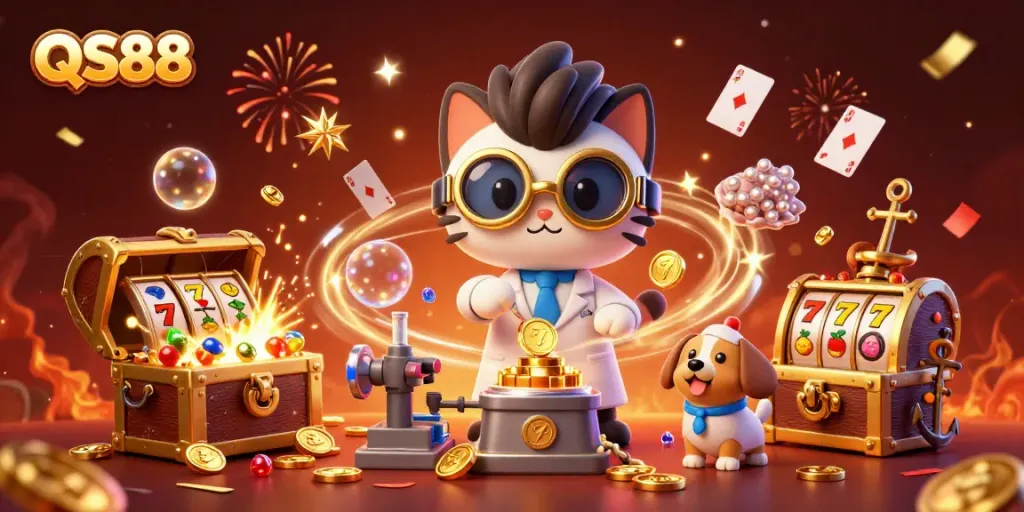 Win big with QS88 in this vibrant 3D casino scene featuring a mad scientist cat and a dog assistant surrounded by casino riches.